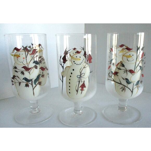 Twilight Snowman Frosted Iced Tea Glasses Footed Set Of 3 - Picture 3 of 7